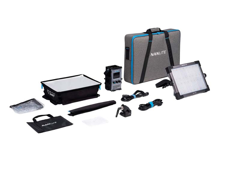 Nanlite Alien 300C kit completo con unidad de control, softbox, cables y accesorios