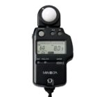 Minolta Auto Meter IV F professional light meter with digital LCD display, analog scale, 270-degree rotating receptor head, black body